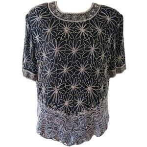 Laurence Kazar 1X Silk Beaded Blouse Black Silver Short Sleeve Flowers Holiday